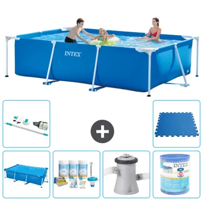Produktbild von Intex-Schwimmbecken mit rechteckigem Rahmen – 300 x 200 x 75 cm – Blau – im Lieferumfang enthalten Sonnensegel - Wartungspaket - Filterpumpe für Schwimmbad - Filter - Staubsauger - Bodenfliesen