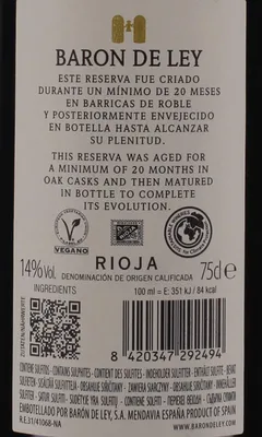 Image de Baron De Ley Rioja Reserva 2021 14% Vol. 0,75l