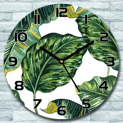 Produktbild von Wanduhr aus Glas Rund fi 30 Tropische Blätter Quarz Deko Wohnzimmer Büro
