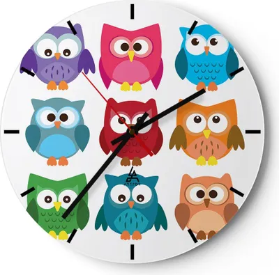Produktbild von Wanduhr - Rund - Glasuhr - Eulen Bunt Kinder Zeichnung - 40x40cm - Schleichendes Uhrwerk - Lautlos - zum Aufhängen bereit - Dekoration Modern - Wanddekoration aus Glas - C3AR40x40-2880