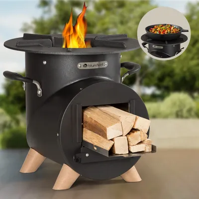 Produktbild von Blumfeldt Feuerschale Groß Stahl Raketenofen mobil wetterfest Grillrost Schürhaken für Garten 8,5 kg 32 x 32,5 x 36 cm (BxHxT)