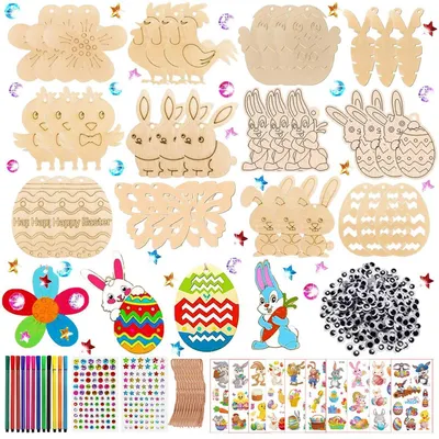 Productafbeelding van Knutselset Paasdecoraties voor kinderen, 324 onderdelen, houten hangers om te beschilderen, met accessoires