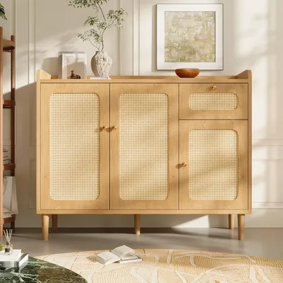 Produktbild von Flieks Kommode mit Schublade, Rattan Sideboard Wohnzimmerschrank mit Türen und verstellbaren Einlegeböden, Anrichte 120x40x91 cm, Oak