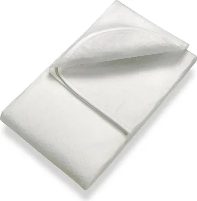 A white mattress protector is folded and lying on a white surface.
