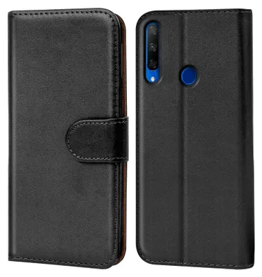 A black flip case for a smartphone is shown from two angles, one open and one closed.