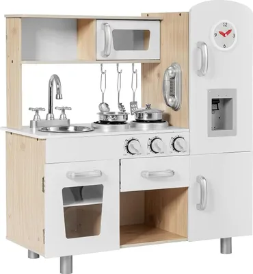 Zdjęcie produktu dla Kuchnia dla dzieci / kuchnia dziecięca – drewniana kuchnia do zabawy – z akcesoriami – telefon – kuchenka i lodówka – bez baterii – dla dzieci w wieku 3–6 lat – biała