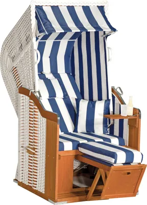 Produktbild von Rustikal Strandkorb 250 Plus 1-Sitzer, Halblieger Ostseeform, Geflecht weiß, Strukturpolyester blau-weiß-gestreift, Fichtenholz lasiert, ca.95x90x160