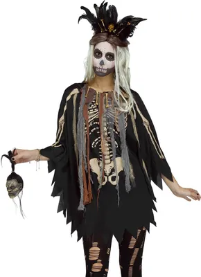 A person wearing a voodoo-themed costume.