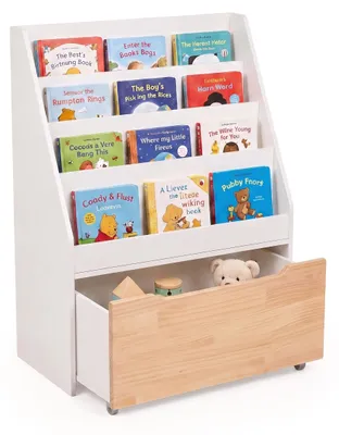 Produktbild von Relaxdays Bücherregal Kinder, HxBxT: 80 x 60 x 30 cm, 4 Bücherfächer, Spielzeugkiste mit Rollen, Kinderregal, weiß/natur