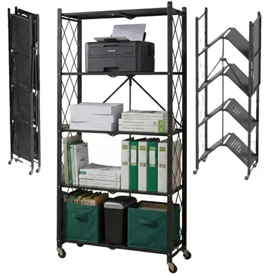 Image de Étagère de rangement pliable, en acier, dimensions 163 cm x 72 cm x 34 cm, capacité de charge de 100 kg, 5 étagères, roues pivotantes à 360°