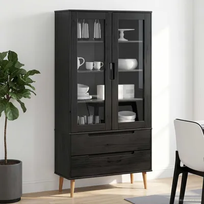 Obrázok produktu pre Maison Exclusive – Sklenená vitrína MOLDE, 90 x 35 x 175 cm, masívne borovicové drevo, čierna farba