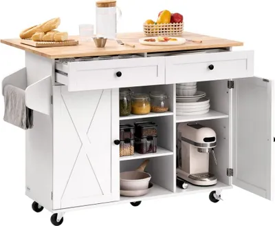 Obrázek produktu pro Kuchyňský ostrovní vozík 132 cm - Vozík se skříňkou a stolem - Zásuvkový servírovací vozík do kuchyně
