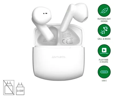 Produktbild von 4smarts SkyBuds Air, True Wireless Stereo (TWS), Anrufe/Musik/Sport/Alltag, 40 g, Kopfhörer, Weiß