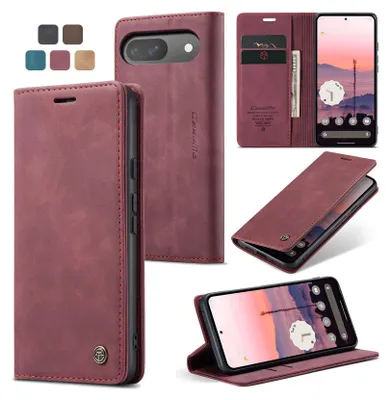 A collage of images showing a red leather phone case for a Google Pixel phone, with different angles and views of the product, including a small inset showing other available colors.