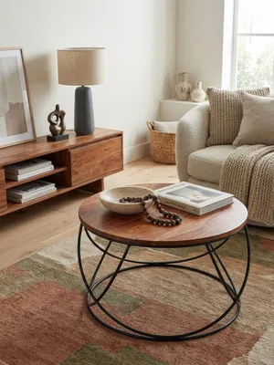 Von oben gesehen zeigt der massive Holztisch mit 60 cm Durchmesser seine runde Form und Maserung, perfekt arrangiert auf einem Teppich im modernen Wohnzimmer._#sku_SAFWL6.171#