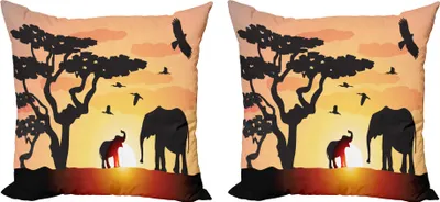 Produktbild von ABAKUHAUS Elefant Kissenbezug Set (2Stück), Wilde Natur Schönheit bei Sonnenuntergang Tieren und indigenen Baum, 40 x 40 cm, Koksgraue Mehrfarbig
