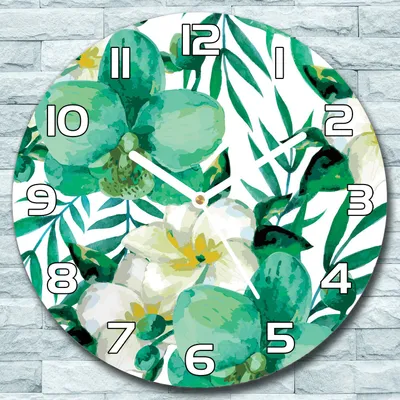 Produktbild von Wanduhr aus Glas Rund fi 30 Tropische Blumen Quarz Deko Wohnzimmer Büro