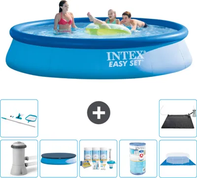 Produktbild von Intex runder aufblasbarer Easy Set-Schwimmpool – 396 x 84 cm – Blau – inklusive Pumpe Abdeckung - Wartungspaket - Filter - Bodenplane - Reinigungskit - Solarmatte