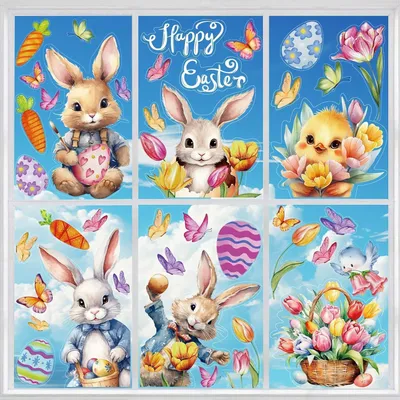 Produktbild von Fenstersticker Ostern 8 Blätter mit Tulpen, Blumen, Schmetterlingen, Hase, Küken, wiederverwendbar