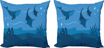 Obrázek produktu pro ABAKUHAUS Sada povlaků na polštářky Deep Sea (2ks), silueta oceánské přírody Bubliny Velryby Mořská zvířata, 40 x 40 cm, Noční modrá Azurová modř