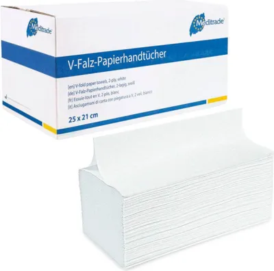 Produktbild von Falthandtücher V-Falz, 25x21cm, 2-lagig, weiß | Karton (15 Packungen) - 4250016405153