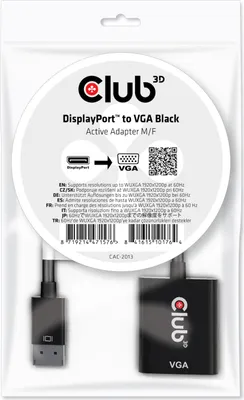 Zdjęcie produktu dla CLUB3D CAC-2013, 0,228 m, Displayport, VGA, Męska, Żeńska, Prosty