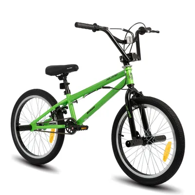 Produktbild von Hiland 20 Zoll Kinder BMX Fahrrad für Jungen Mädchen, 360 Grad Rotor Freestyle, 4 Pegs Single Speed Kinder BMX Fahrrad,Doppel-U-Bremse, grün