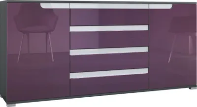 Produktbild von Vladon Sideboard Sylt V2, Kommode mit 2 Türen und 4 Schubladen, Korpus - Anthrazit matt / Front - Brombeer Hochglanz / Absetzung - Weiß Hochglanz (166,5 x 75,5 x 35 cm)