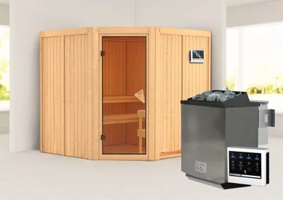 Produktbild von Karibu Sauna Innensauna Jarin Eckeinstieg Ofen 9 kW  externe Strg easy 196x196x198 cm ohne Dachkranz mit Bronzierte Tür