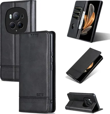 Obrázek produktu pro Kožené pouzdro pro Honor Magic6 Pro, skládací peněženkové pouzdro s magnetickým uzávěrem a stojánkem černé