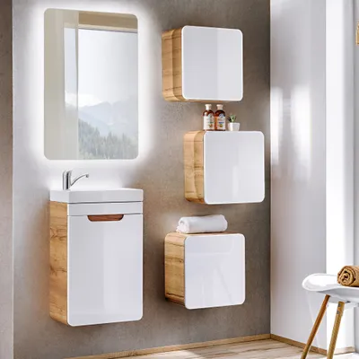 Produktbild von Badmöbel Set Gäste WC LUTON-56 in Hochglanz weiß mit Wotan Eiche Nb. B/H/T ca. 90/195/22 cm