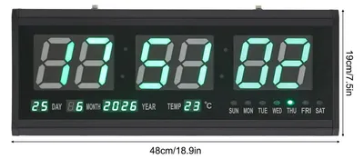 Obrázek produktu pro Velké digitální nástěnné hodiny, LED stolní hodiny/budík, teplota a datum, 12/24 hodin, zelený displej