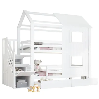 Produktbild von Etagenbett,Kinderbett,Treppenschrank mit Ablagefächern,Aufbewahrungsschublade mit Rollen,Schöne Fenster und Dach,Stabile Lattenroste
