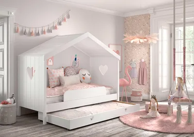 Image de Lit de maison Vipack Amori avec protection anti-chute, surface de couchage 90 x 200 cm, y compris sommier à lattes et tiroir de lit, finition en pin et MDF laqué blanc