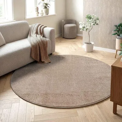 Produktbild von Unyqoos® Rundteppich – einfarbig Beige, niedrigflorig, Ø 200 cm, Polypropylen, 1850 g/m², moderner Wohnzimmer-Teppich