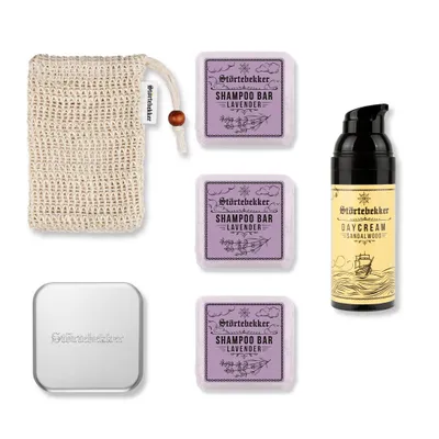 Produktbild von Störtebekker® Dusch Routine Set - 3 x festes Shampoo (Lavendel), Sisalsäckchen, Seifendose & Tagescreme - für die tägliche Pflege