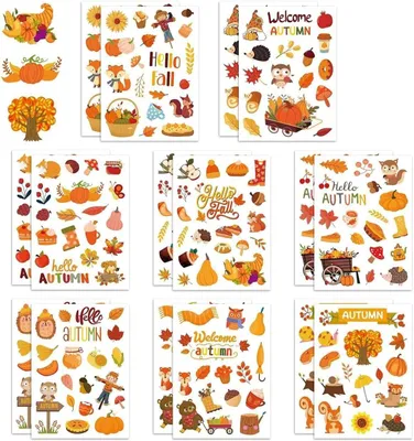 Produktbild von Herbststicker Set, 16 Blätter mit 8 Designs, Pompon- und Ahornblattmotive, für Scrapbooking