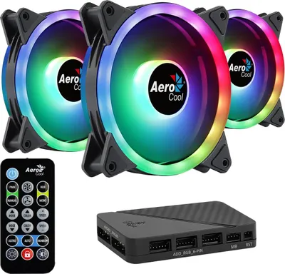 Image de Kit Aerocool DUO12PRO : 3 ventilateurs 12 cm, double anneau LED ARGB, antivibration, 6 broches, noir