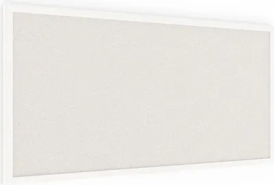 A rectangular bulletin board with a white frame and a textured light gray surface, presented against a white background.