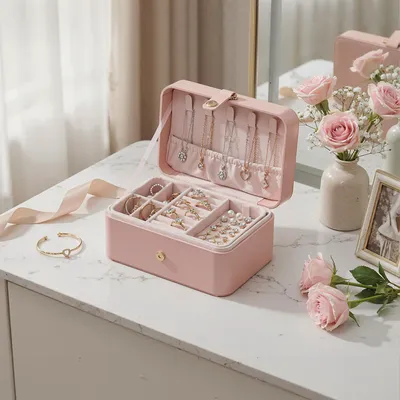 Produktbild von SONGMICS Schmuckbox, 2 Ebenen, aus PU, Schmuckkasten, rosa