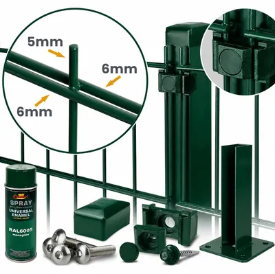 Produktbild von ROYSSON® Doppelstabmattenzaun 6/5/6 Komplettset | 75 m Länge, 830 mm Höhe, inkl. Pfosten mit Fußplatten – Grün