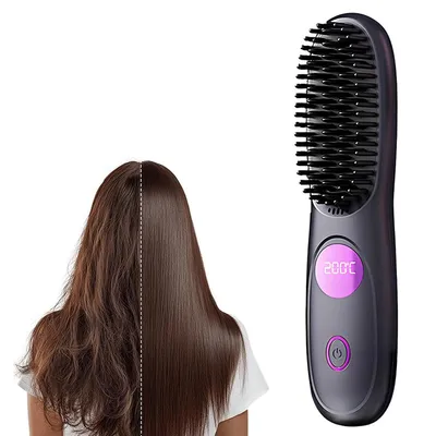 Produktbild von Tragbare kabellose Haarglättungsbürste, Mini-Glätteisen-Bürste mit LED-Anzeige und drei Temperaturstufen für schnelles Styling
