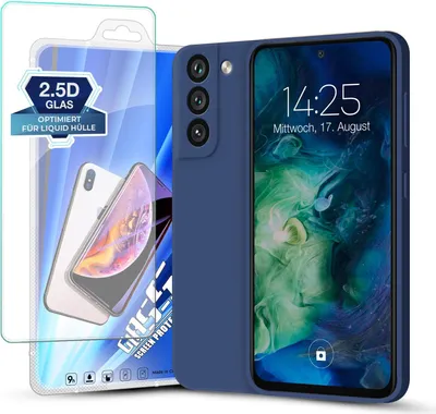A blue phone case and screen protector are displayed against a white background.