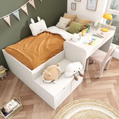 Immagine prodotto di Letto singolo in legno massello Merax 90x200 cm con scrivania e cassetti, letto contenitore con rete a doghe per ragazzi e ragazze, bianco