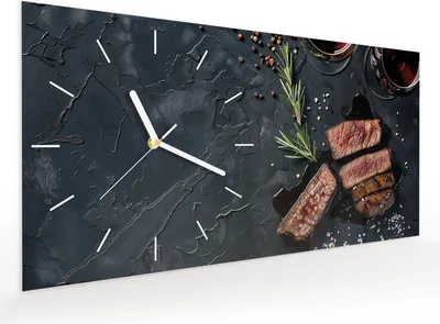 Produktbild von Wanduhr aus Glas mit Motiv Steak und Rotwein- 60 x 30 cm - inkl. Aufhängesystem