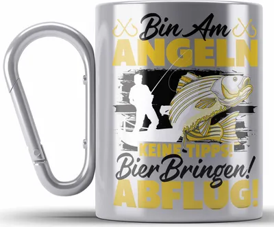 Produktbild von Trendation - Angler Edelstahl Tasse Karabiner Geschenkidee für Fischer mit Spruch Witzig Für Männer Geschenk Becher (Silber)
