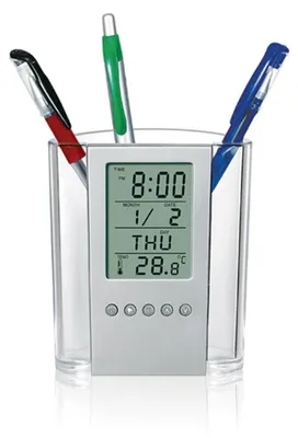 Produktbild von Digitaler LCD-Wecker mit Stifthalter, Anzeige von Uhrzeit, Datum, Jahr, Wochentag, Temperatur und Kalender für Zuhause, Büro und Schule