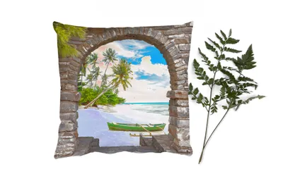 Produktbild von MuchoWow® Zierkissen Sofakissen Wohnzimmer Dekokissen 60x60 cm Strand - Palme - Blick - Meer - Kanu - Sitzfläche - Foto Polster