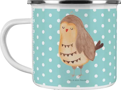 Produktbild von Mr. & Mrs. Panda Blechtasse Eule Zufrieden - Türkis Pastell - Geschenk, Kaffeepott, becher emaille, Hochzeitstag, Haferl, Teetasse, glücklich, Waldtier, Owl, Tasse