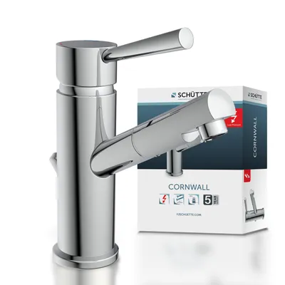 Produktbild von CORNWALL Niederdruckarmatur, Waschtischarmatur mit Zugstange, Wasserhahn Bad mit Ablaufgarnitur Waschbecken, Chrom